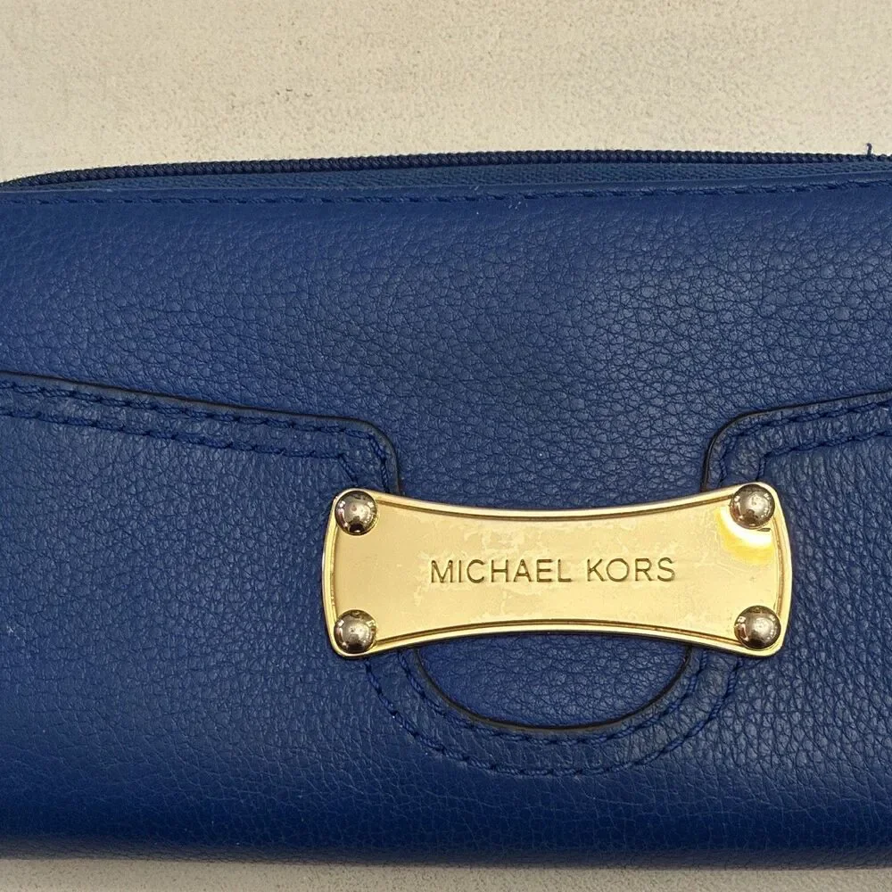 Michael Kors Women’s Blue Zip-Around Wallet with Logo Accents, Credit Card
